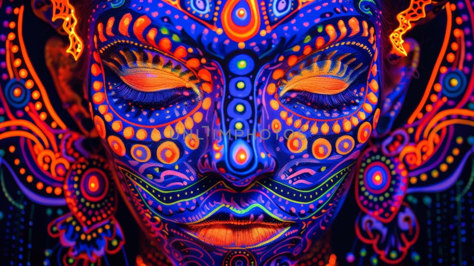 A close up of a woman's face painted with bright colors