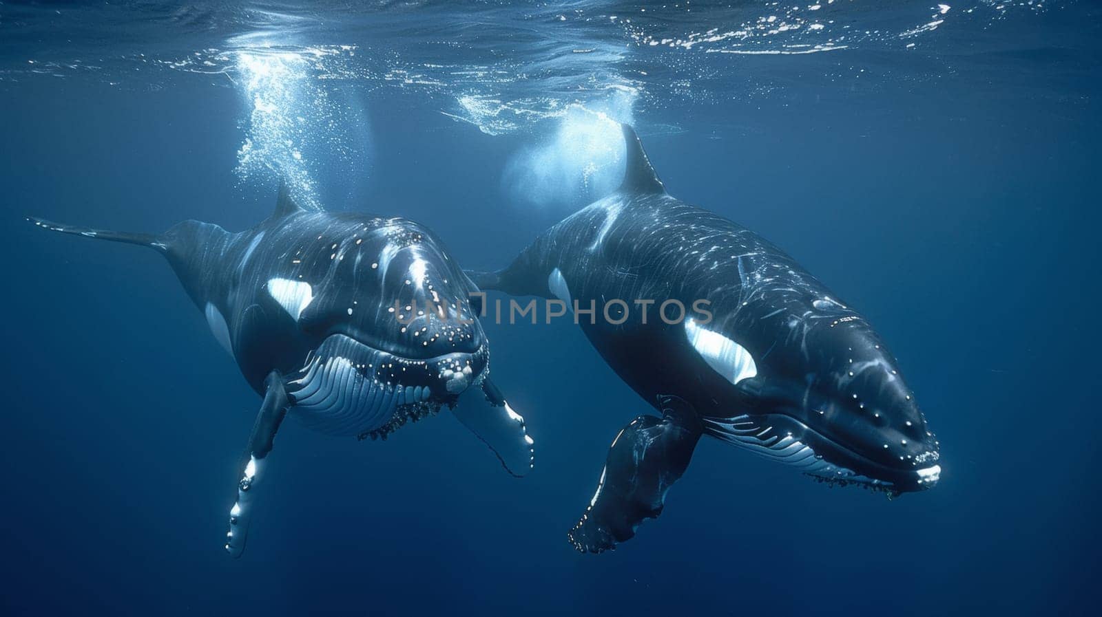 Two whales swimming in the ocean with their dorsal fins up