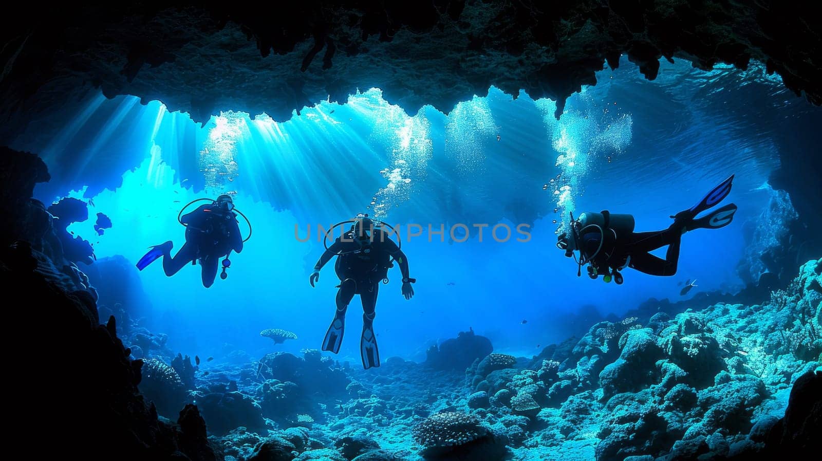 Three scuba divers are swimming through a cave filled with coral