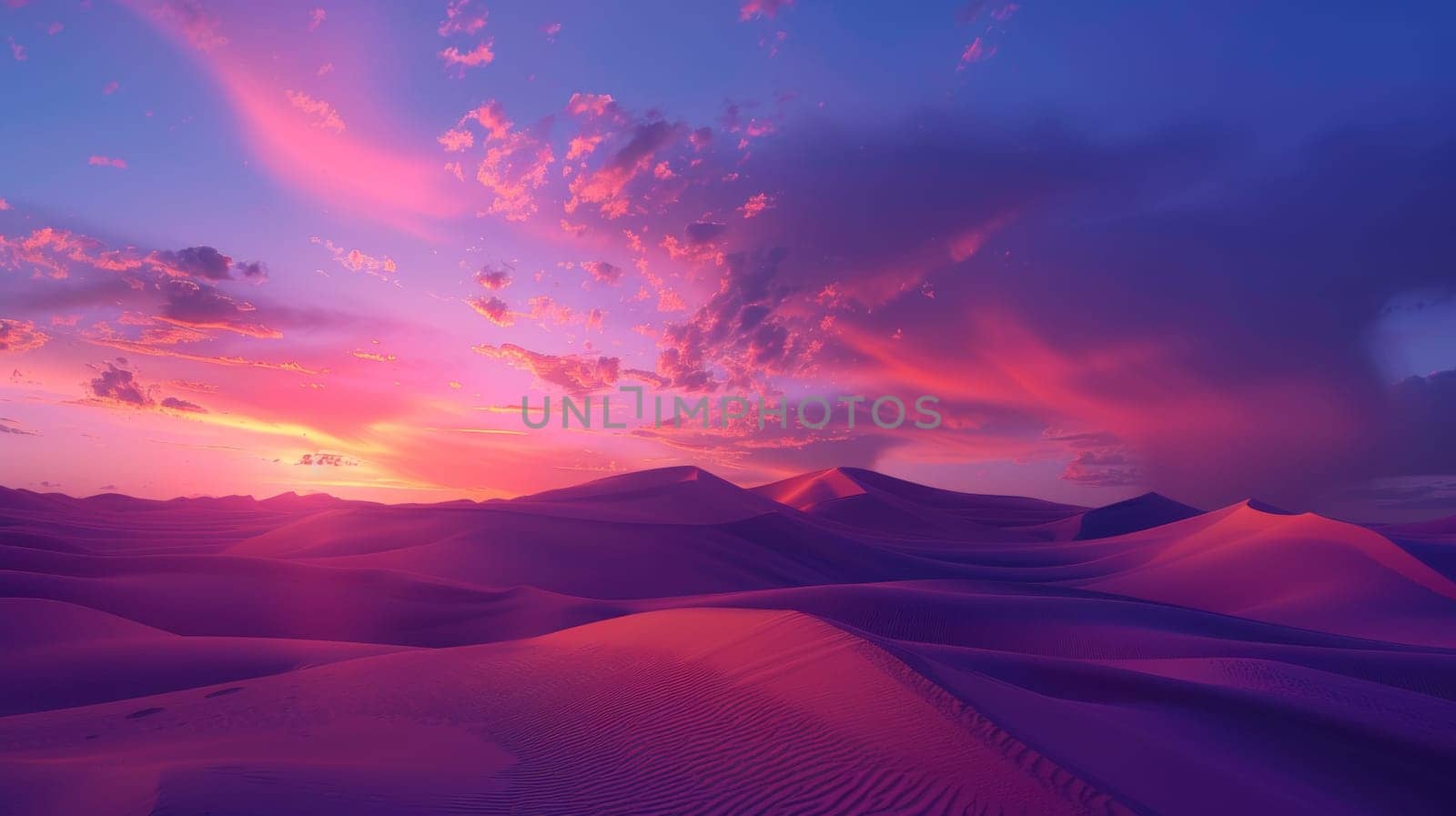 A desert scene with a pink sky and purple clouds
