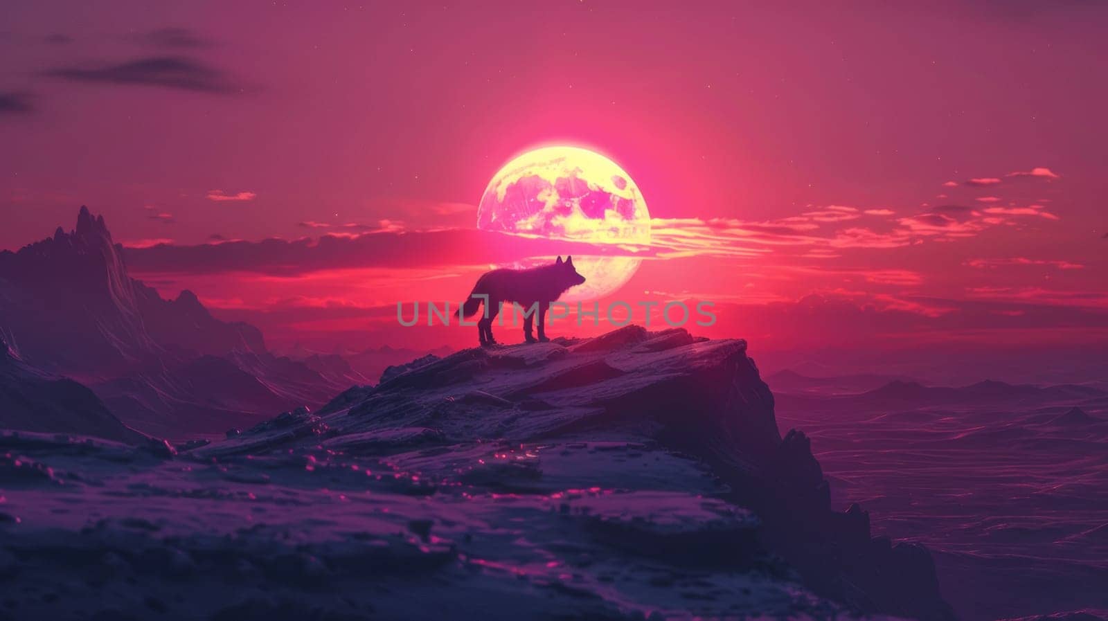 A lone wolf standing on a cliff looking at the sun