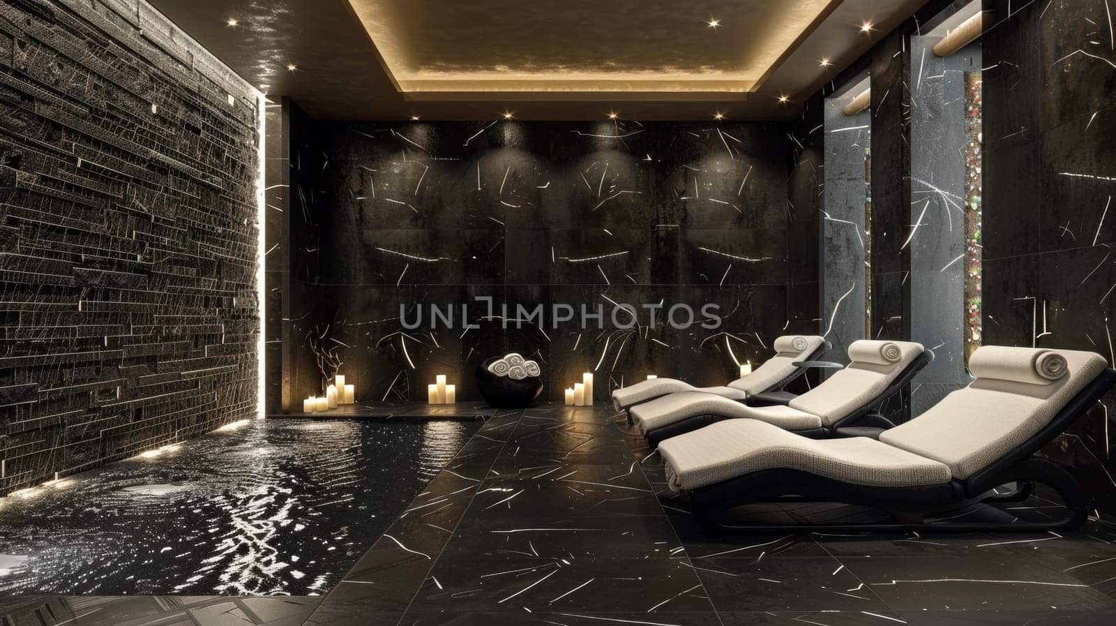 A spa room with a pool and candles in the corner