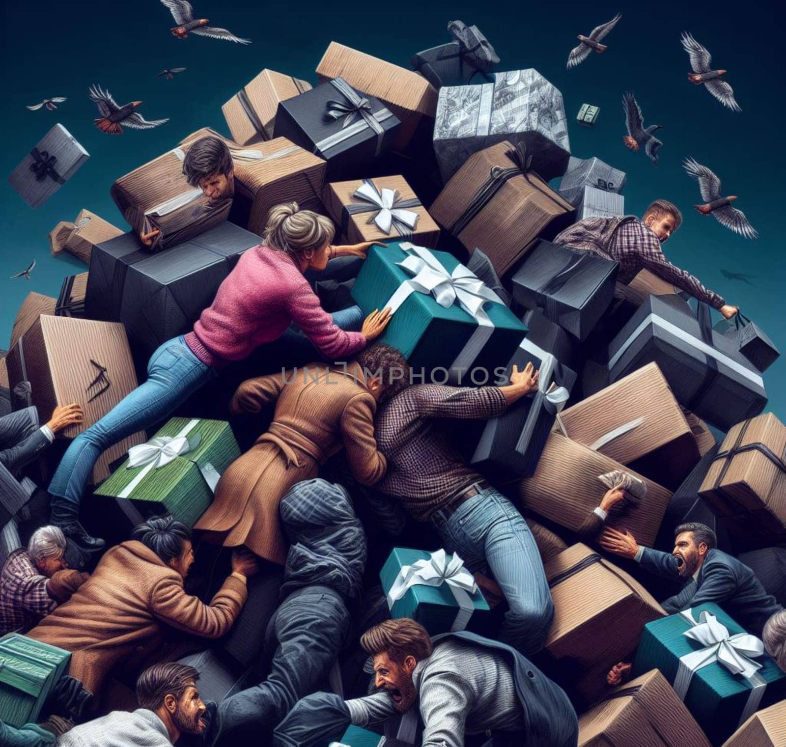 Surreal scene of people and objects in chaos to grab black friday offers at launch click day ai generated