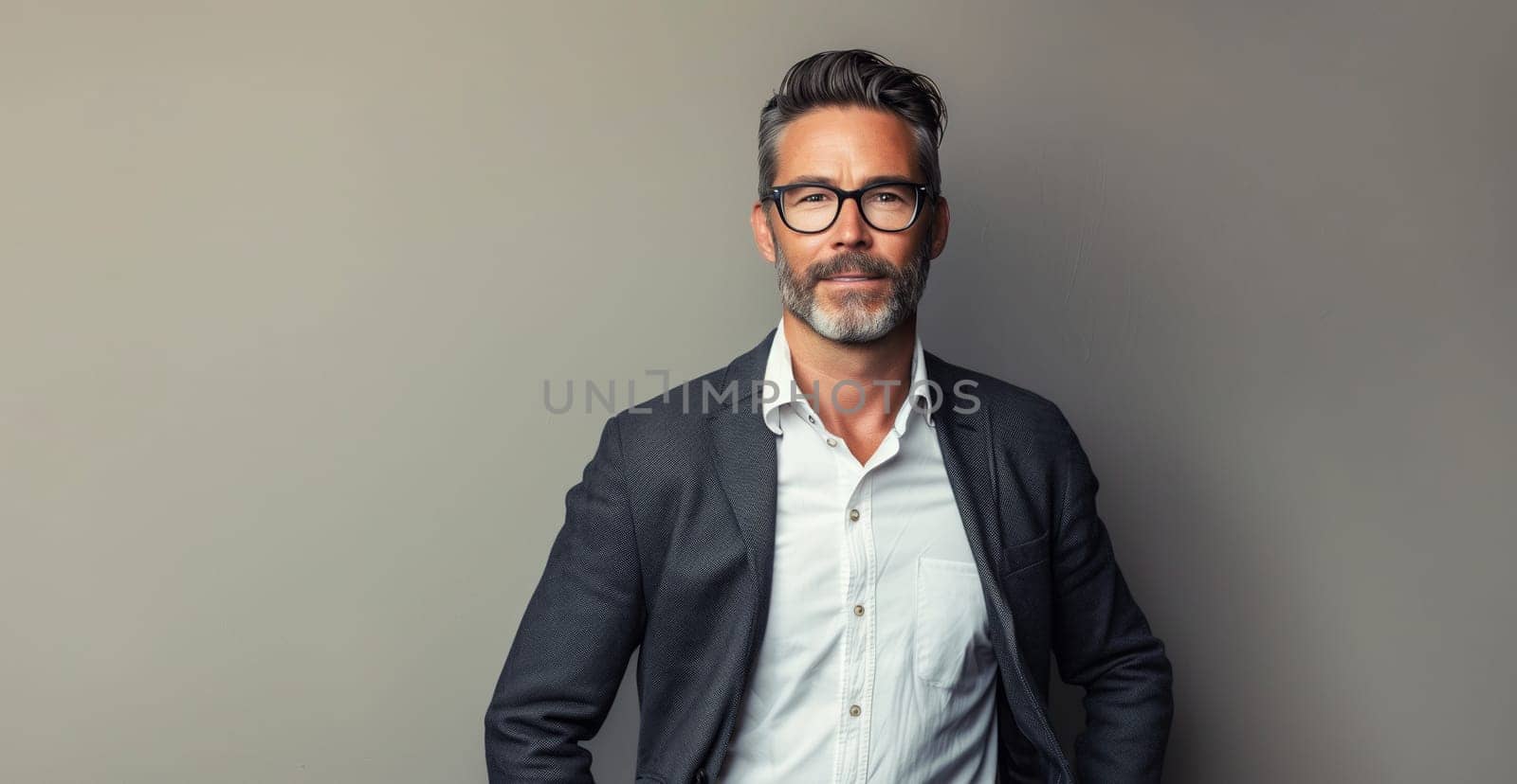Portrait of bearded handsome successful mature businessman wearing business suit, glasses, looking at camera posing on gray studio background