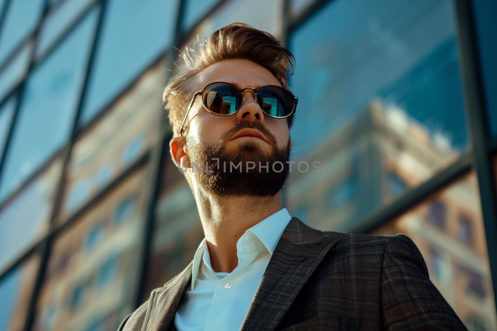 Handsome successful young man wearing business suit and sunglasses posing on city street