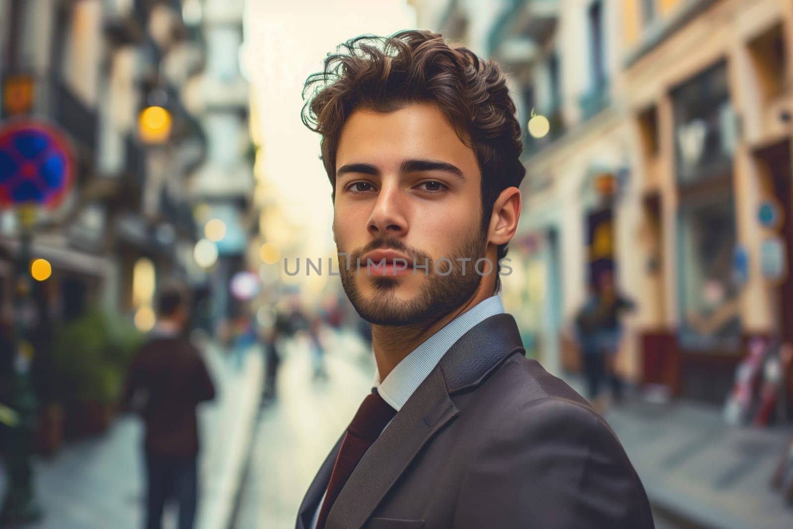 Handsome successful young man wearing business suit posing on city street
