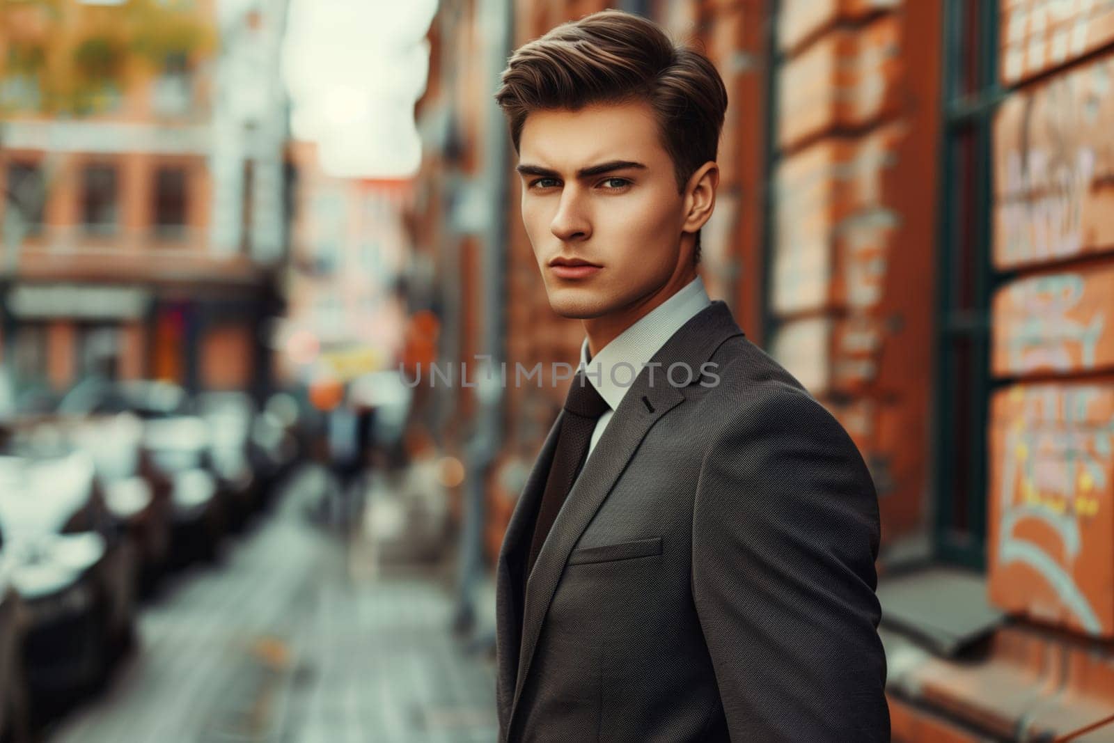 Handsome successful young man wearing business suit posing on city street