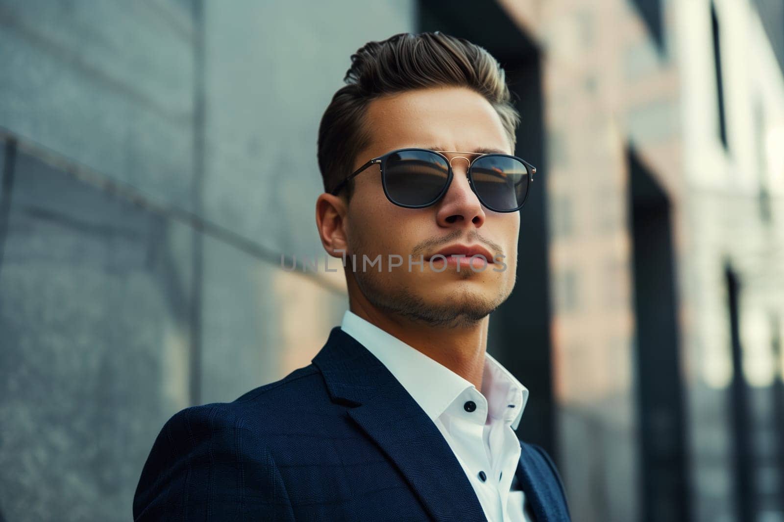 Handsome successful young man wearing business suit and sunglasses posing on city street