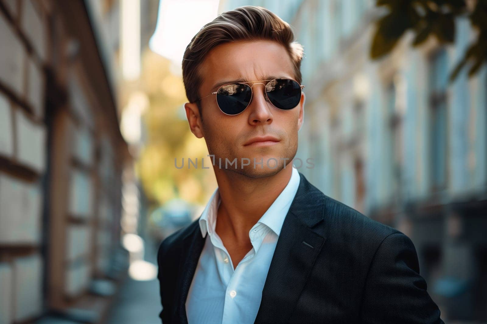 Handsome successful young man wearing business suit and sunglasses posing on city street