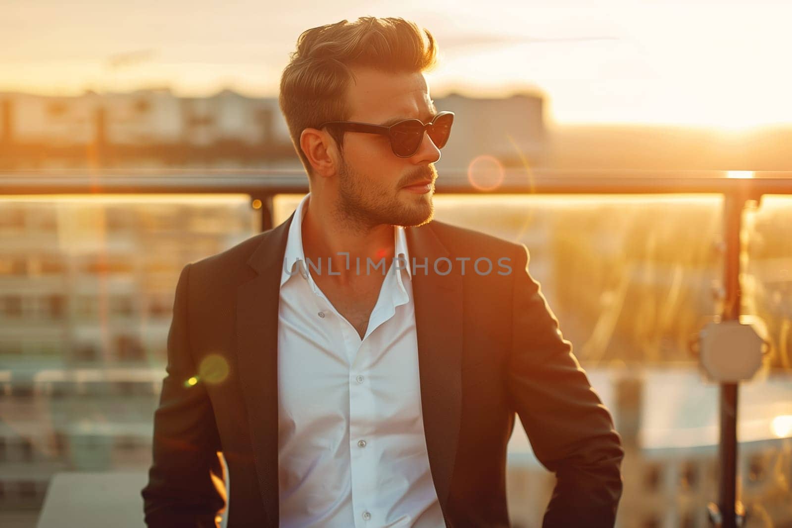 Handsome successful young man wearing business suit and sunglasses posing on city street