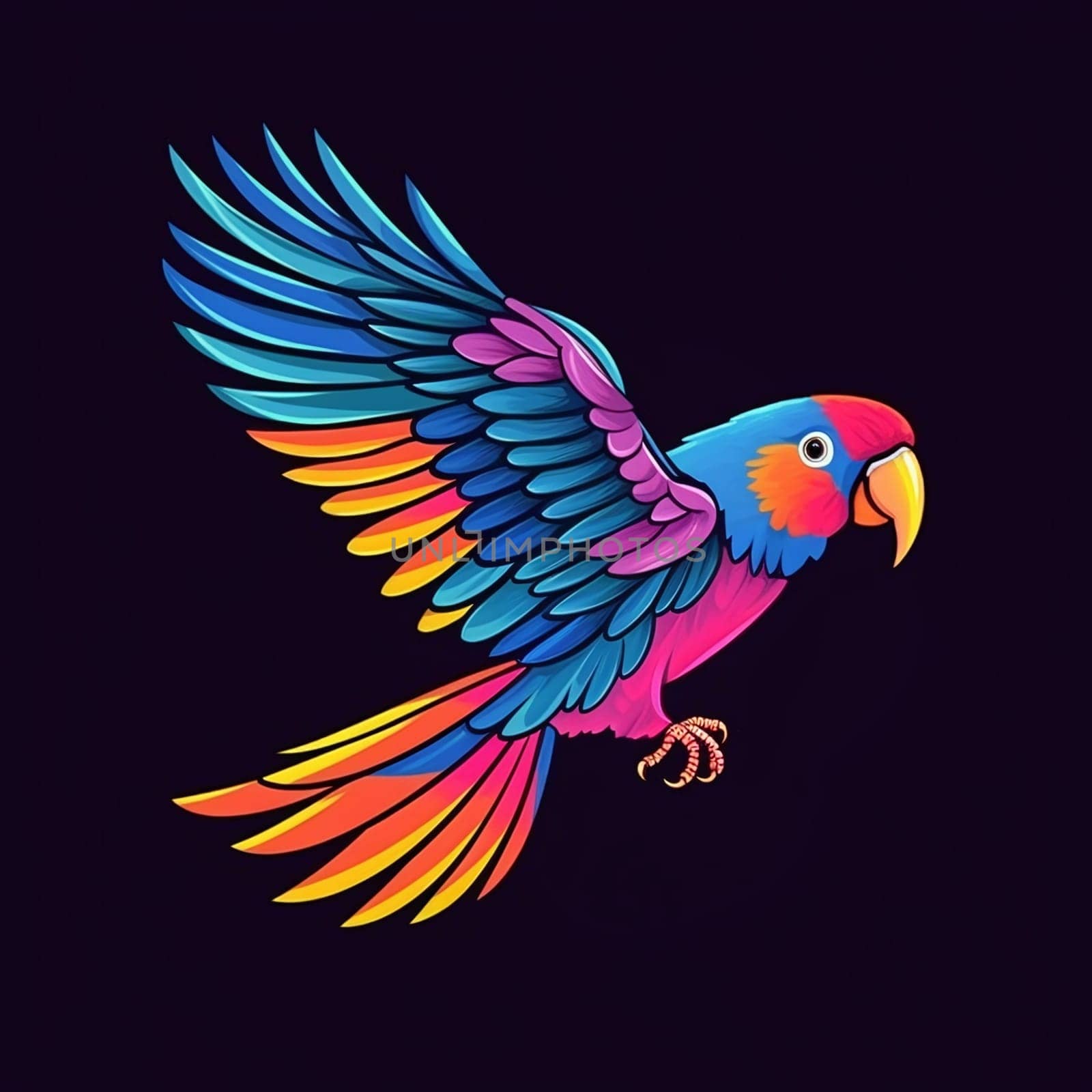 A vividly colored parrot with outstretched wings is artistically depicted against a black background, showcasing a spectrum of rainbow hues - Generative AI
