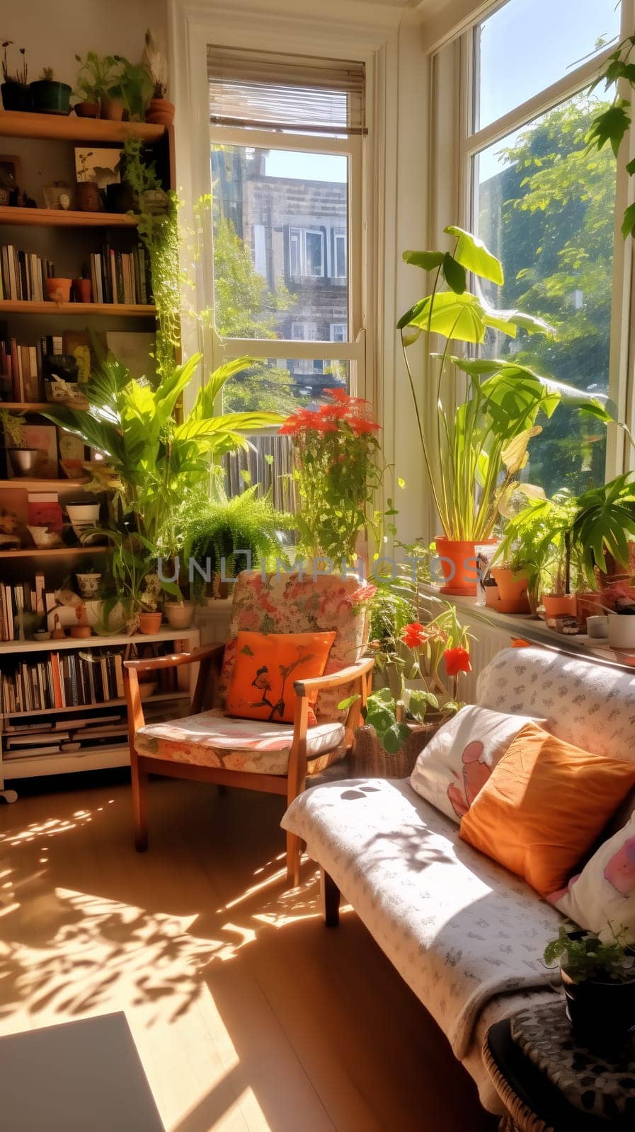 A tranquil morning scene featuring a comfortable living area bathed in sunlight streaming through the window, surrounded by lush green indoor plants - Generative AI
