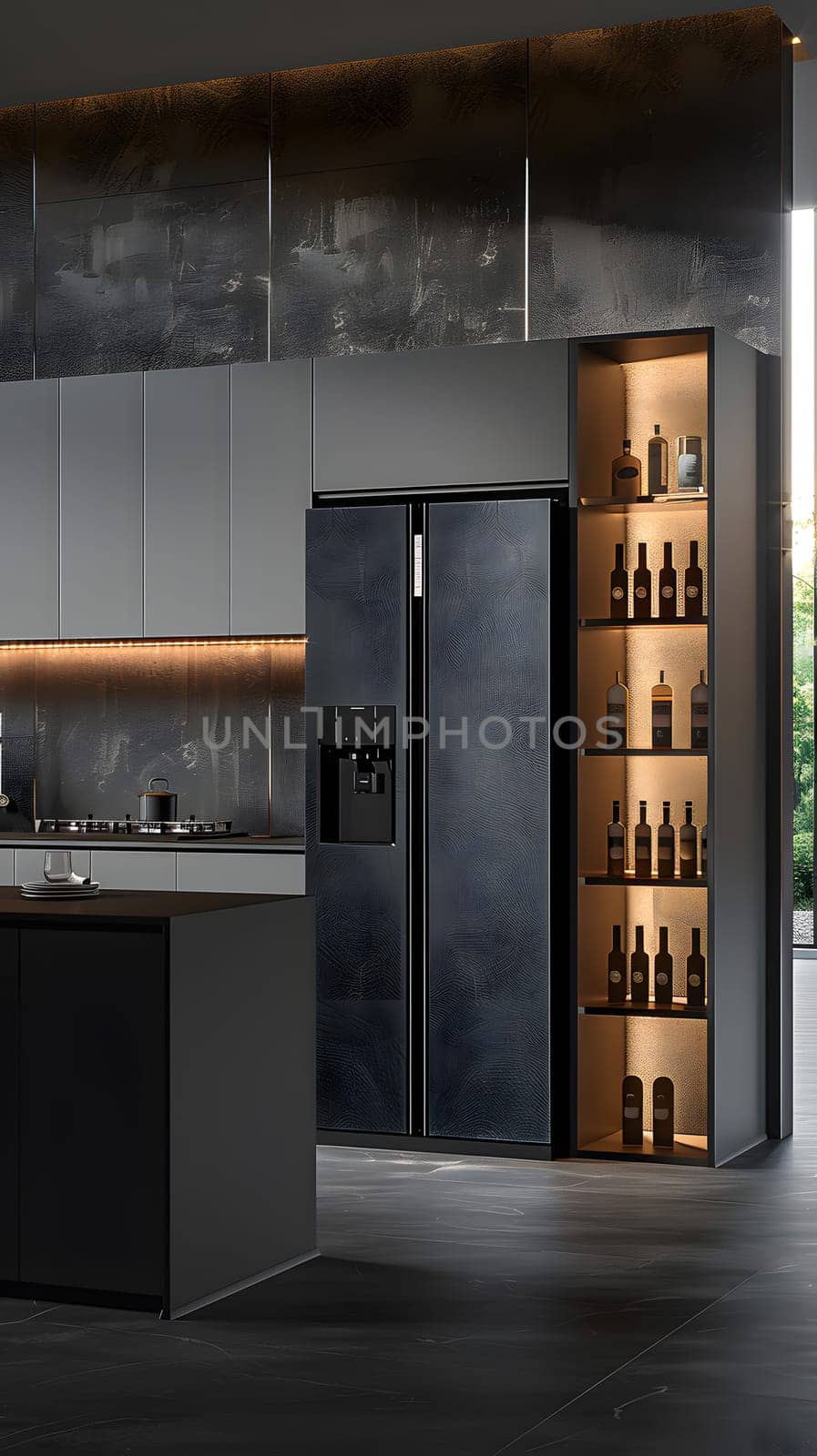 A kitchen with a black fridge and shelves full of bottles by Nadtochiy