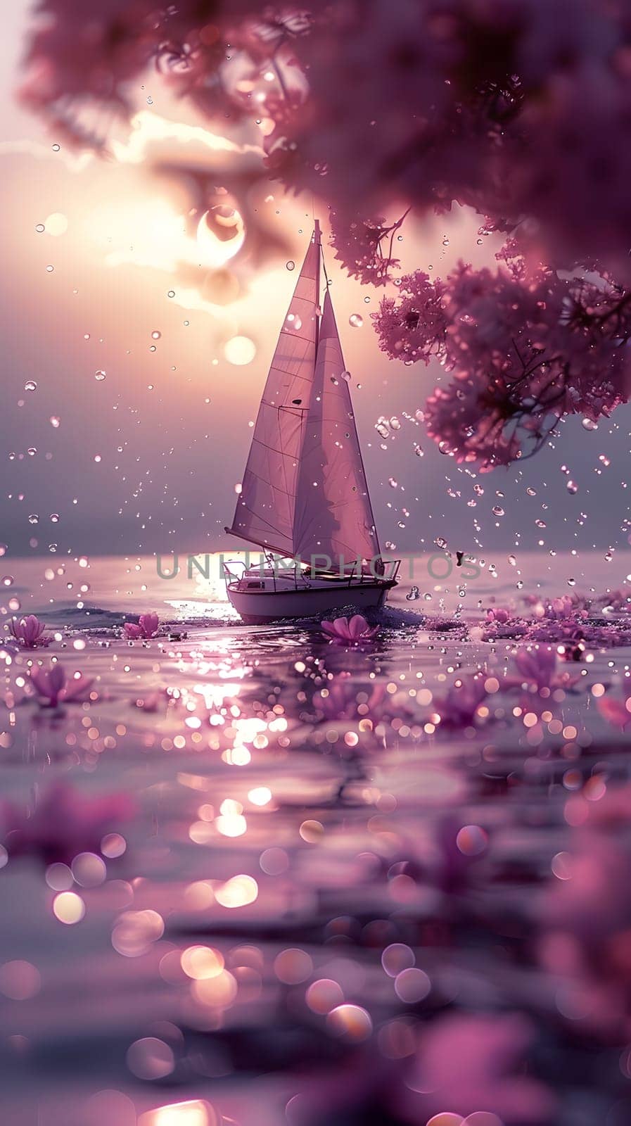 A violet sailboat glides on the fluid surface of the water, framed by cherry blossom trees under a clear sky with fluffy white clouds