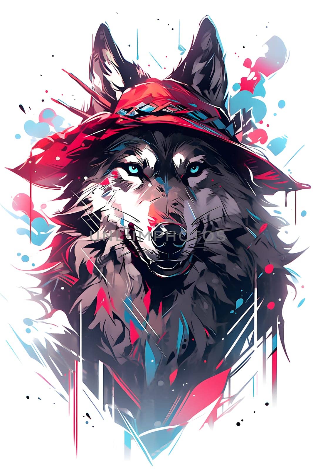 Vibrant painting of a wolf in a red hat, a striking art piece in magenta hues by Nadtochiy