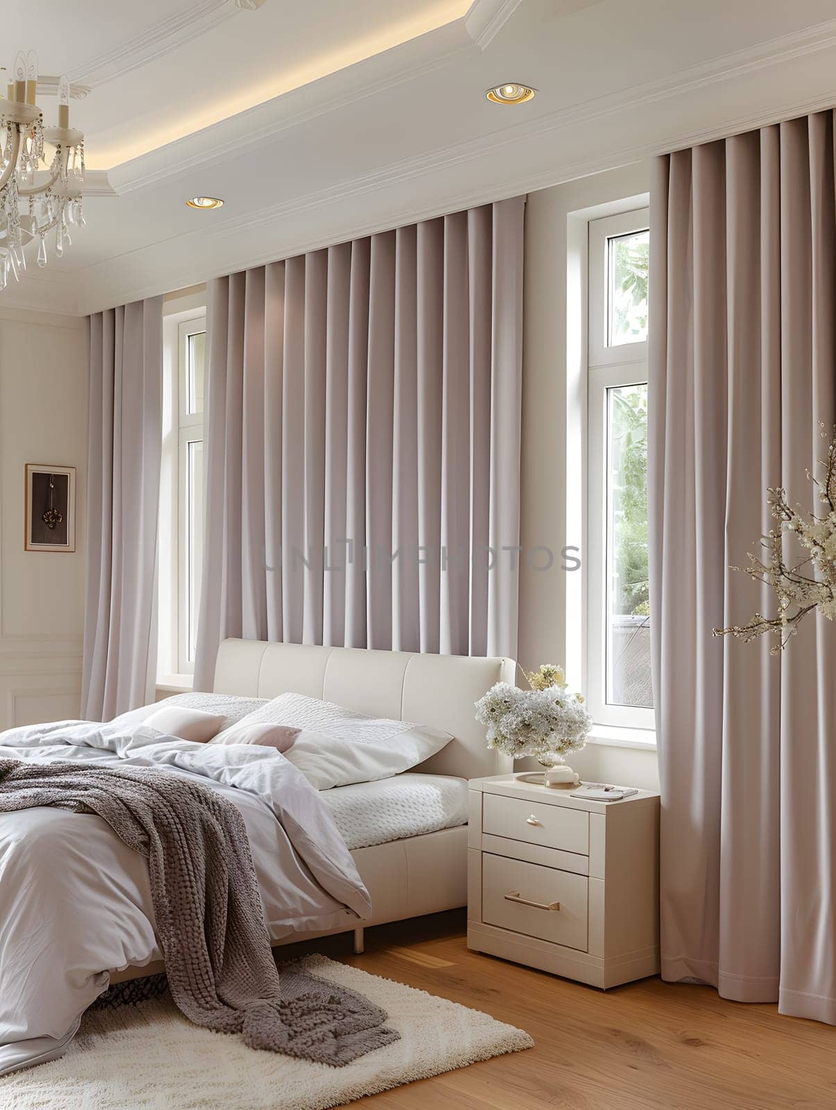 Comfortable bedroom with furniture, curtains, and chandelier for interior design by Nadtochiy