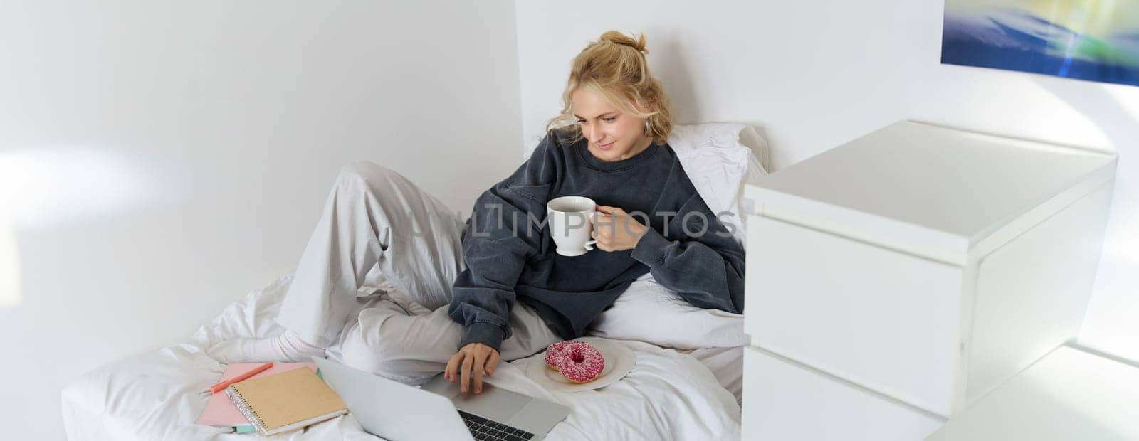 Portrait of young woman, student studying in her bed, relaxing while preparing homework, eating doughnut, using laptop in bedroom and drinking tea by Benzoix