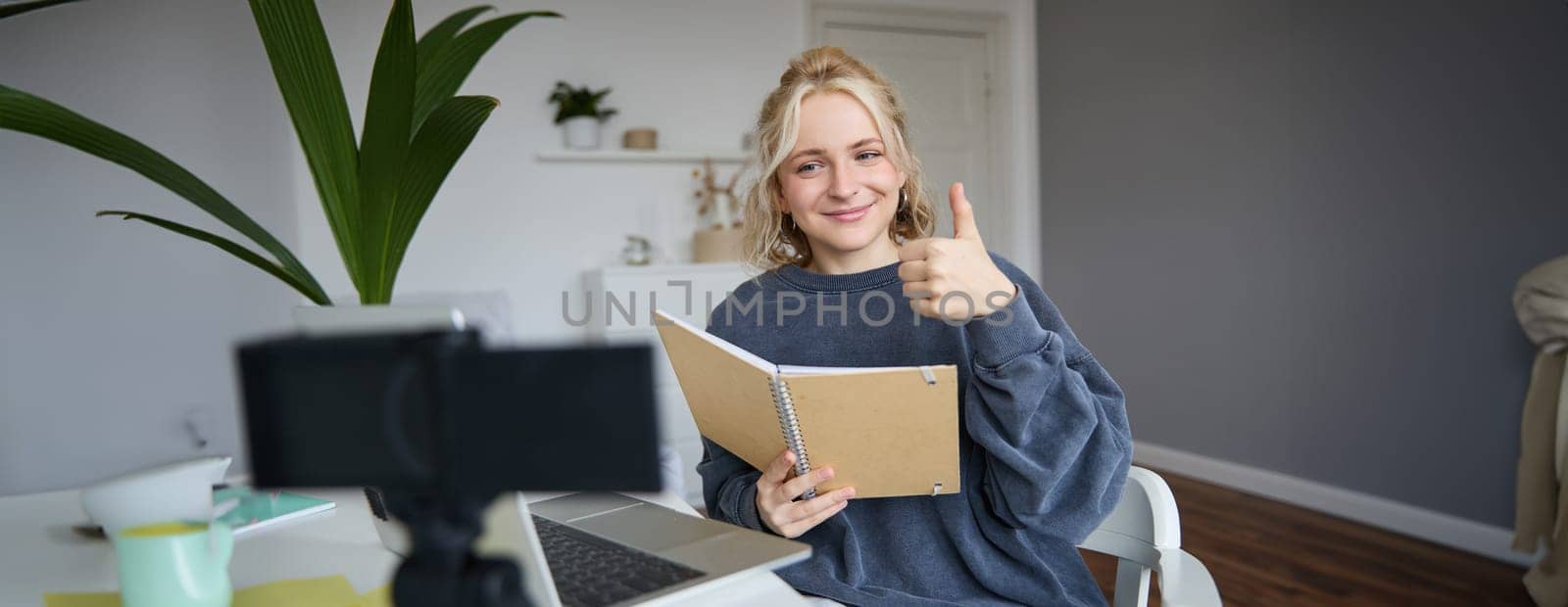 Smiling, positive young woman, shows thumbs up, sits in room with digital camera and laptop, records video, gives online tutorial, creates content for followers.