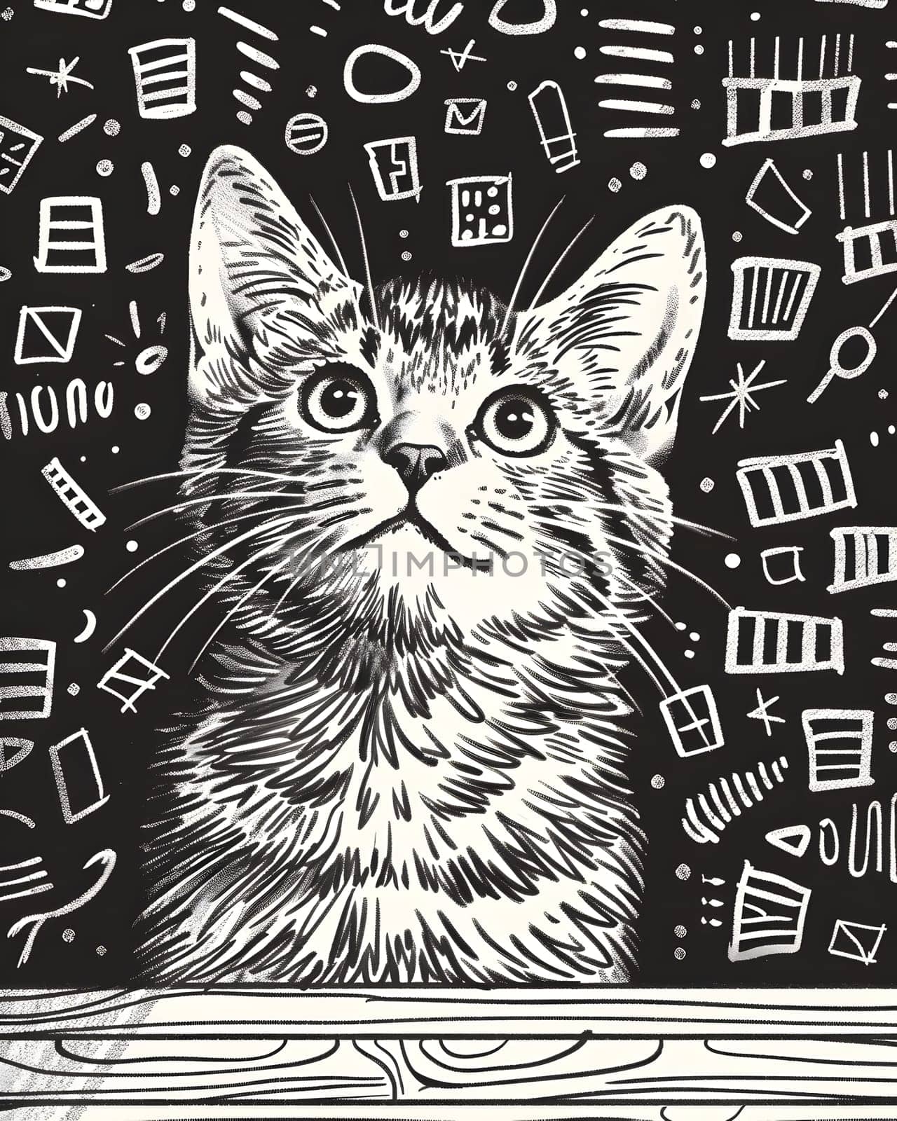 Monochrome drawing of a Felidae carnivore cat on a chalkboard by Nadtochiy