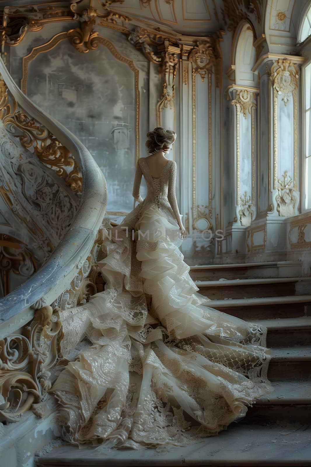 A woman in a beautiful long wedding gown is descending a wooden staircase in a stunning building. The elegant dress flows gracefully as she makes her way to the formal event below