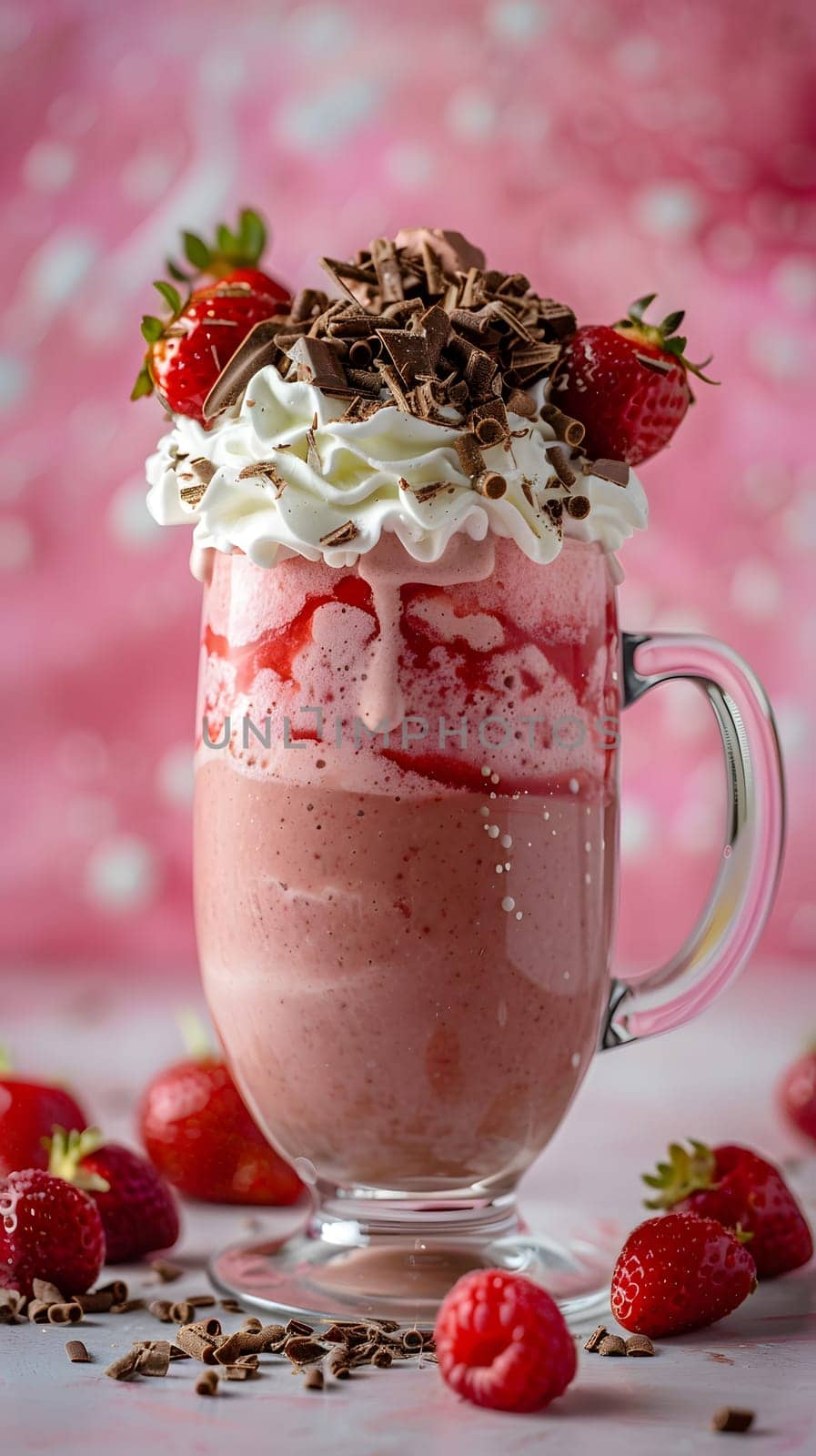 A strawberry milkshake with whipped cream and chocolate shavings in a glass by Nadtochiy