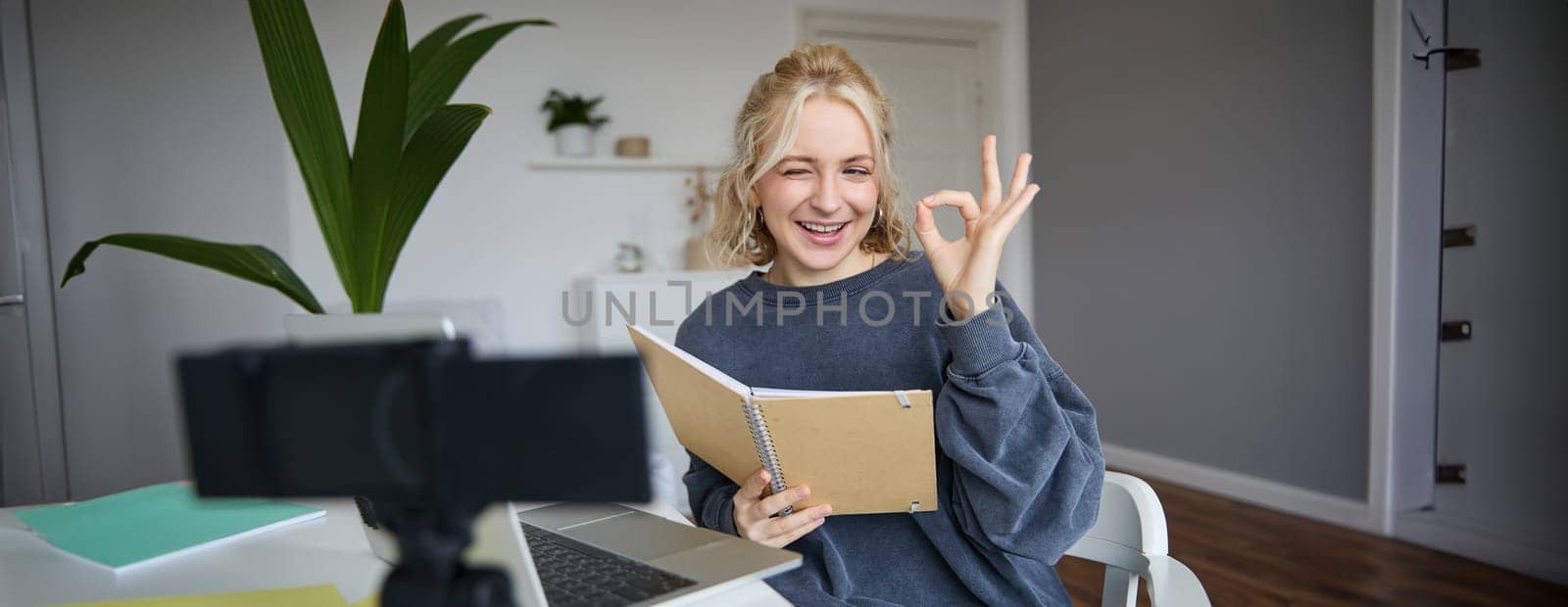 Portrait of cute blond girl with notebook in hands, shows okay sign, records video, social media content, blogging from her room.