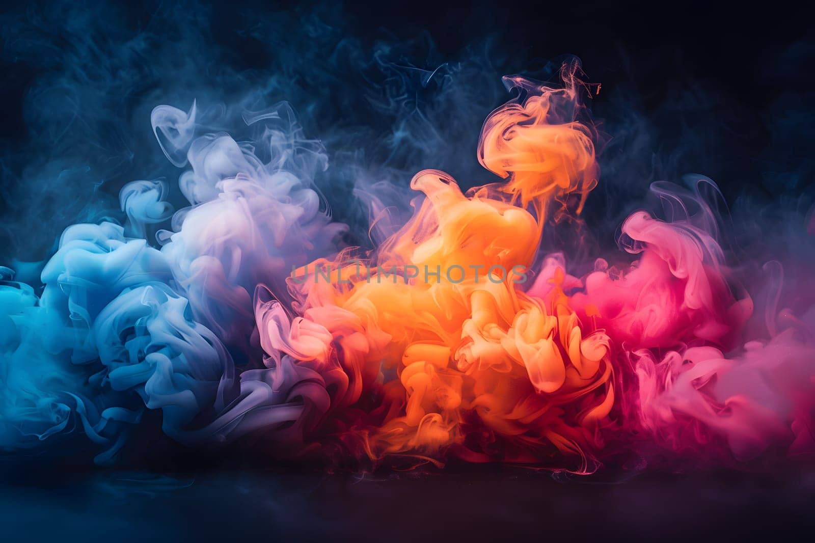 Vibrant magenta and electric blue smoke billowing from bottle on dark background by Nadtochiy