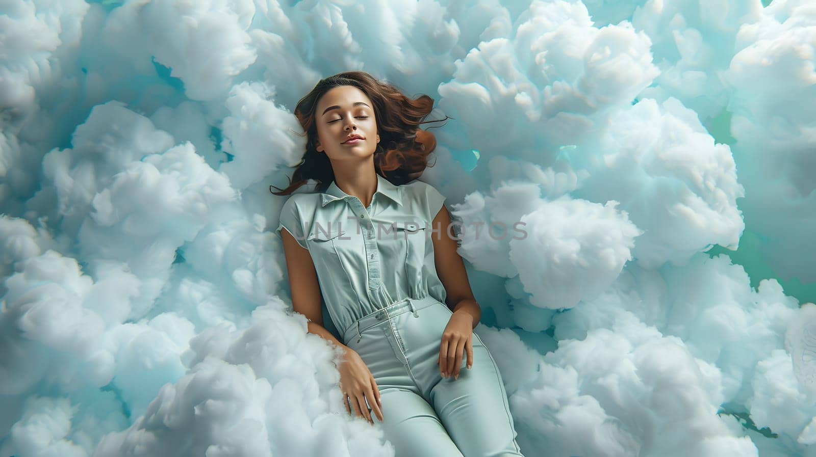 A woman joyfully reclines on a fluffy cumulus cloud, surrounded by azure skies. Her happy gesture reflects the fun and electric blue hues of the sky as she dreams of travel