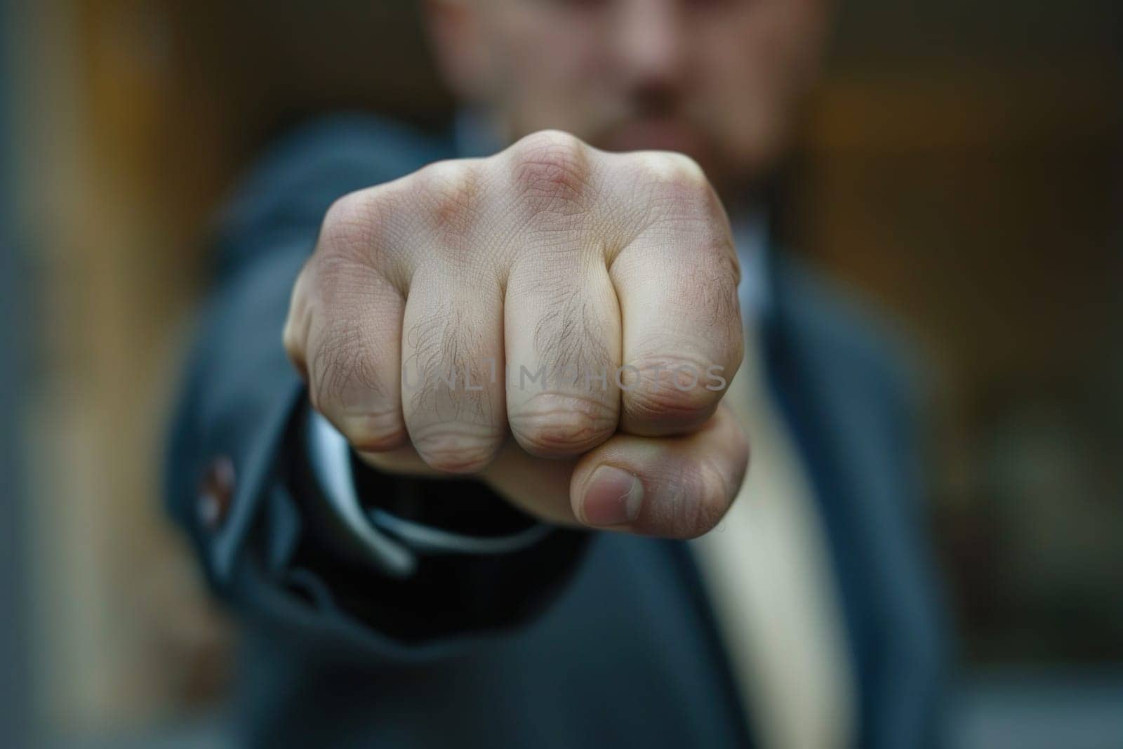 A man in a suit is punching the air.