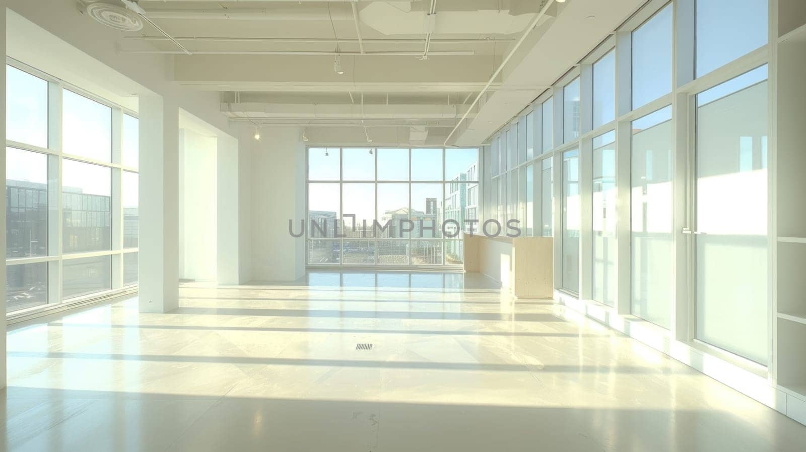 A large, empty room with a view of a city skyline.