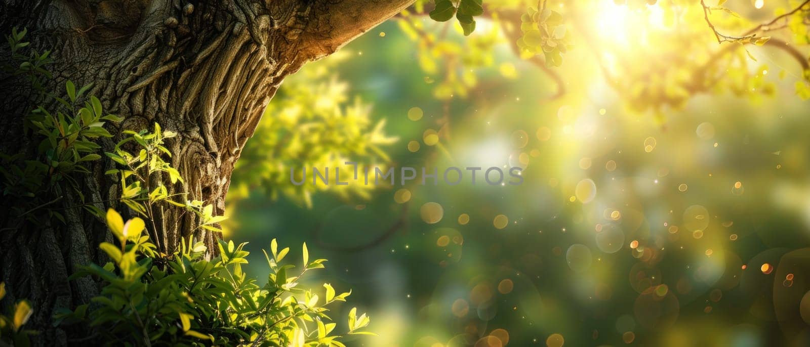 A tree with leaves and a trunk is in the sunlight.