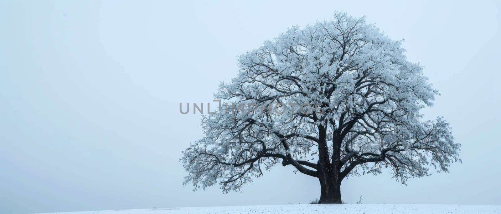 A large white tree stands alone in a snow-covered field.