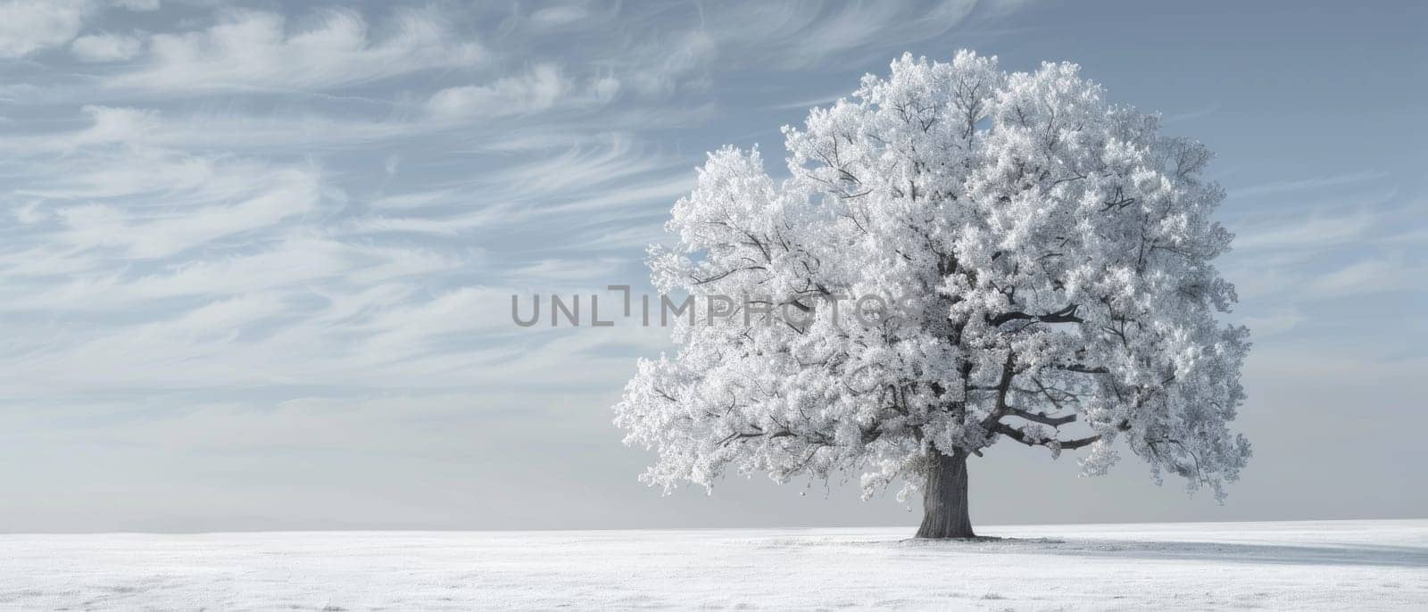 A large white tree stands alone in a snow-covered field by golfmerrymaker