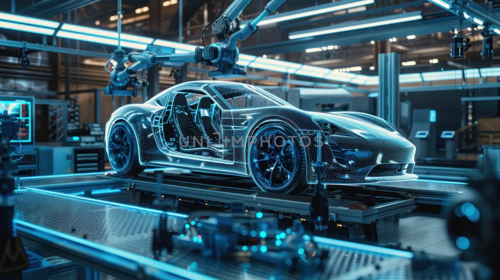 A futuristic car is being built in a factory by golfmerrymaker