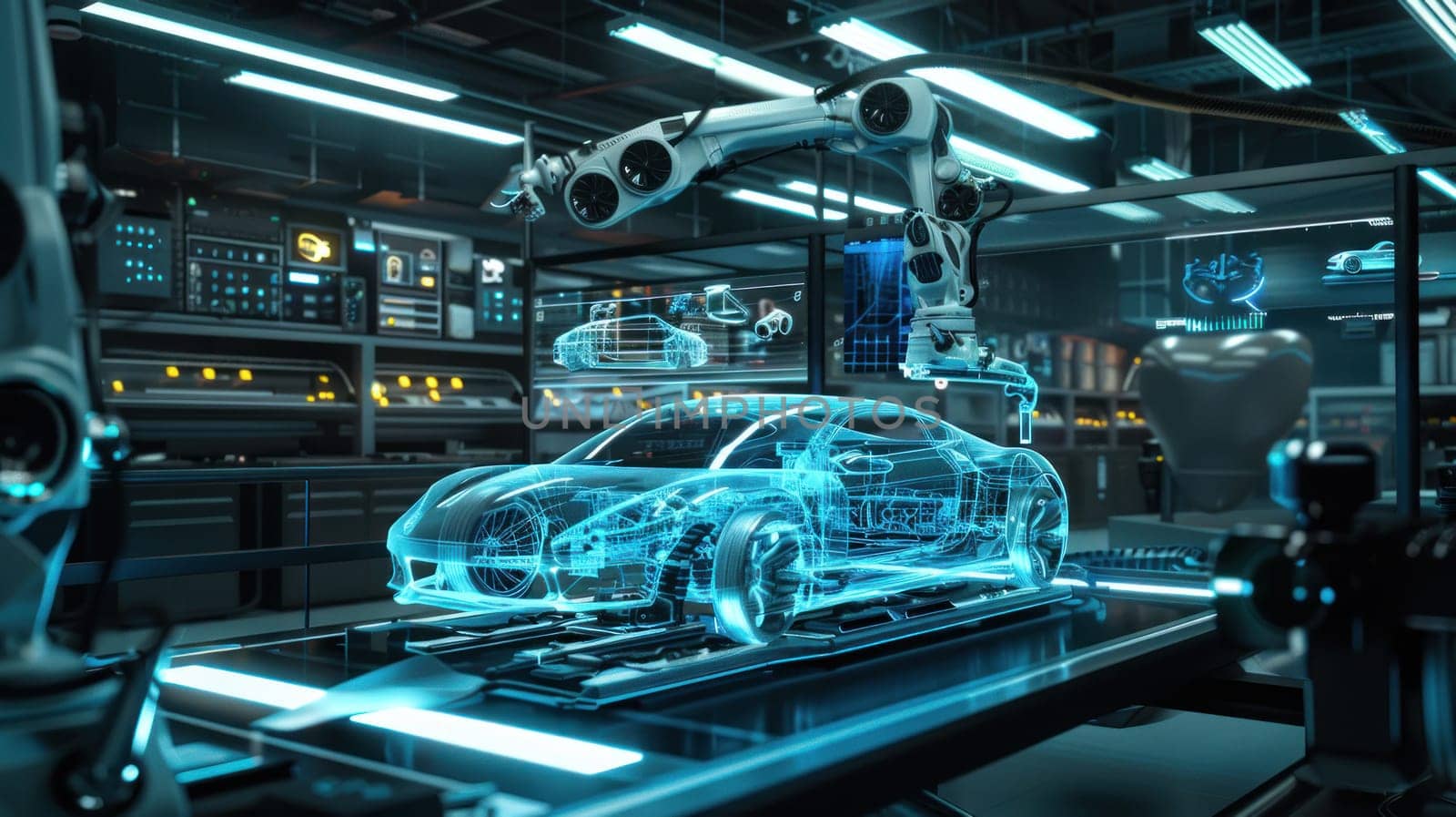 A futuristic car is being built in a factory. The car is made of a combination of metal and plastic, and it is being assembled by a robot. The robot is surrounded by several other robots