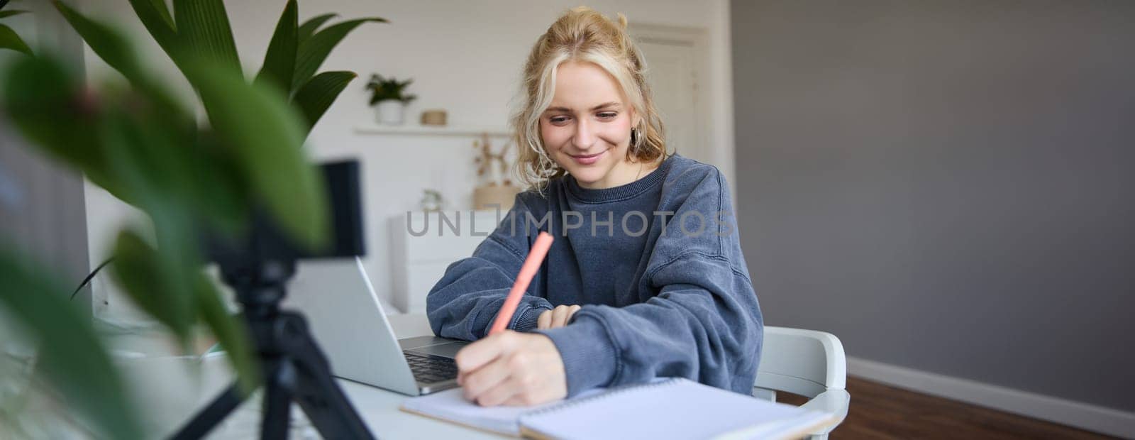 Portrait of young woman, lifestyle blogger, recording video of herself, making notes, writing in journal, sitting in front of laptop in a room and studying by Benzoix