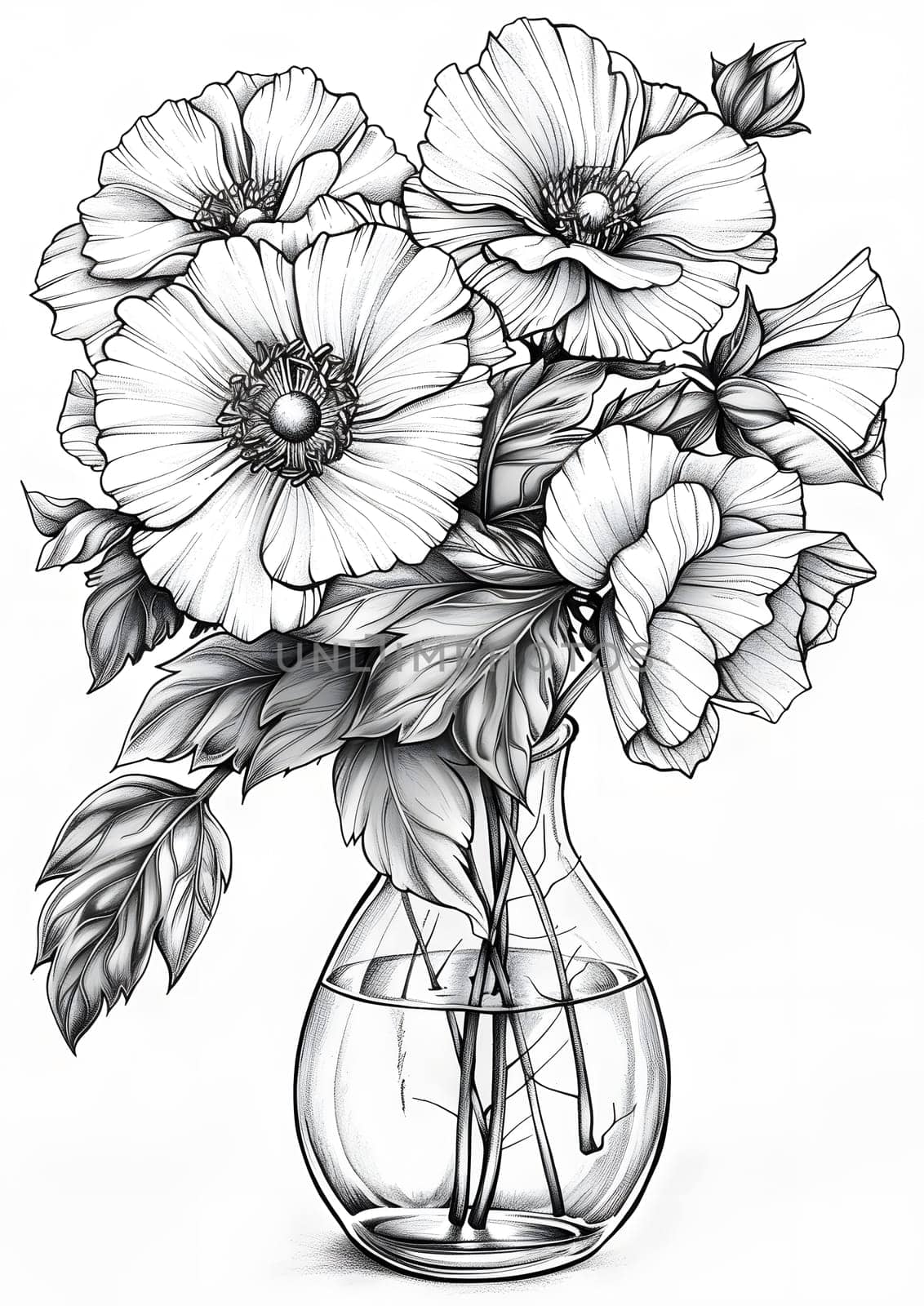 Monochrome illustration of flowers in a vase, blending art and nature by Nadtochiy