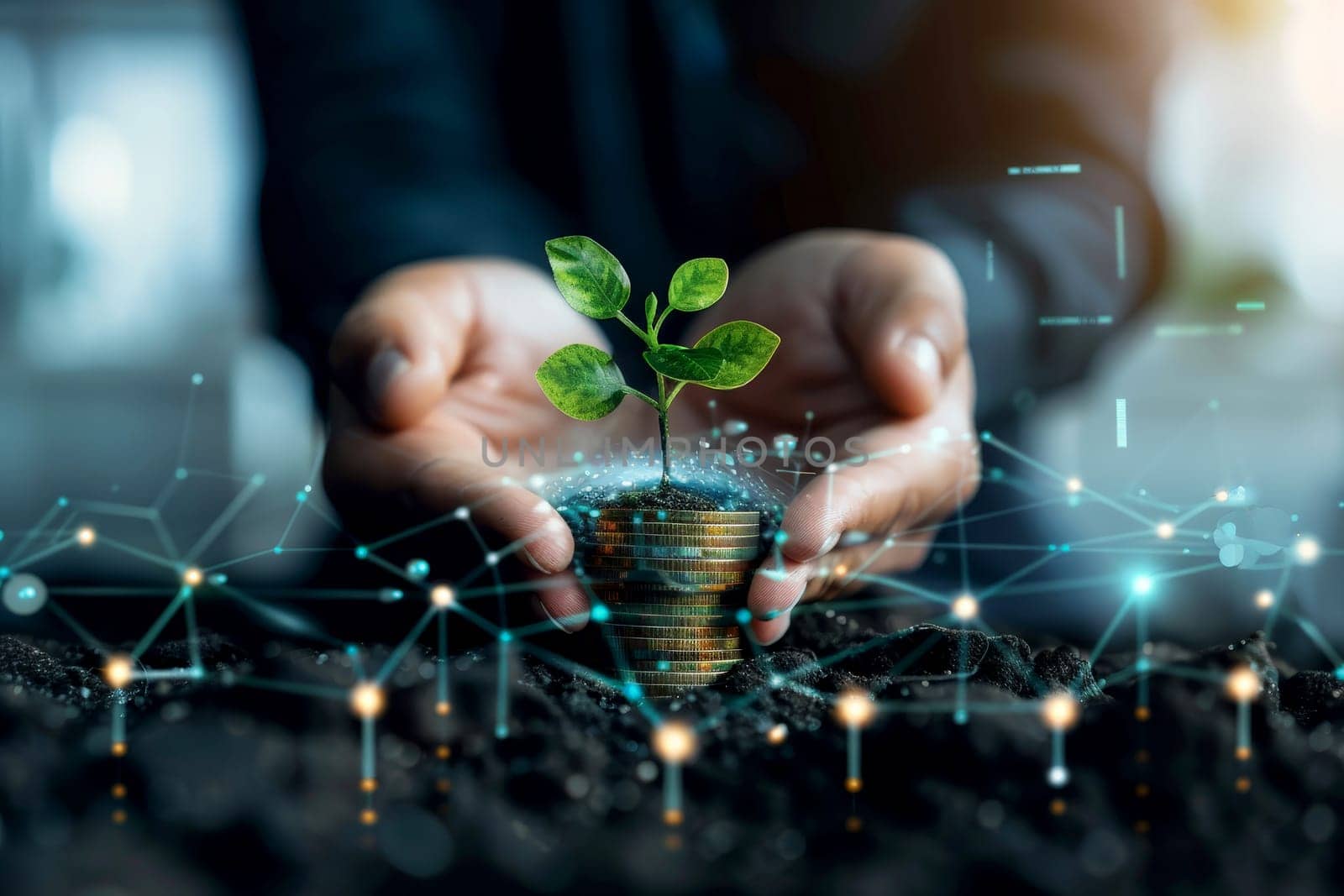 hand holding money savings filled with coins and growing plant for sustainable financial planning for retirement or eco subsidy investment for environment protection , Generative AI.