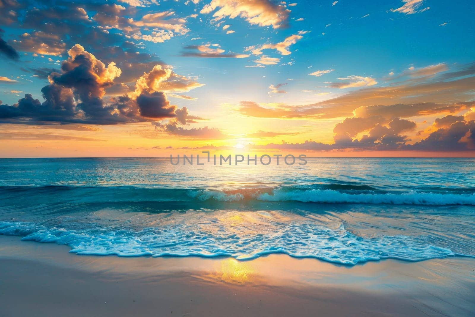 A sunset painting depicts waves crashing on the shore as the sun rises above the horizon.