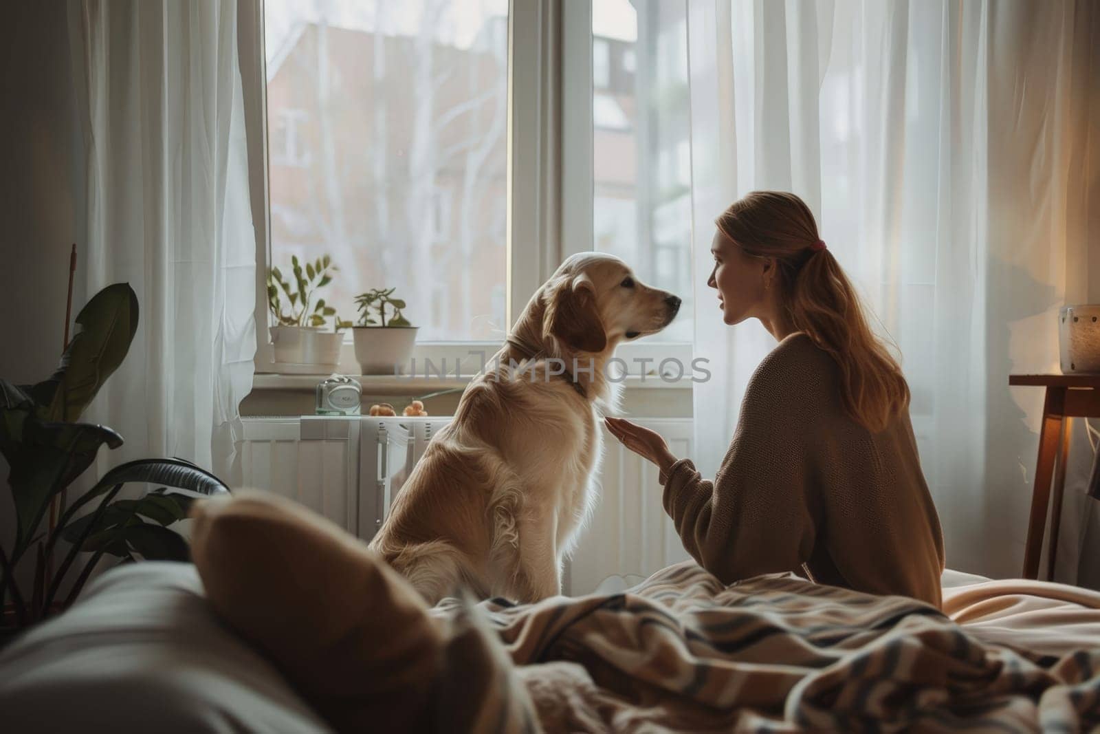 A woman talking beloved pet dog at home . best friend, friendship concept, Generative AI.