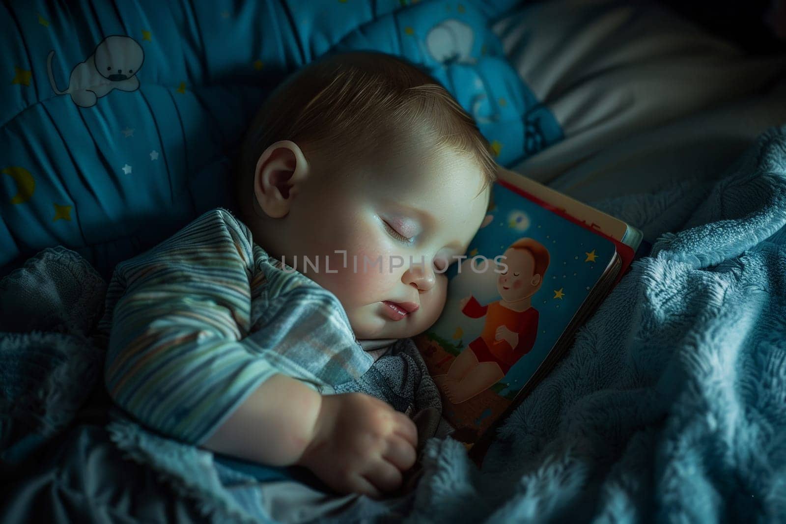 Cute children baby sleep on bed with a children book . Education learning concept. AI generative by matamnad