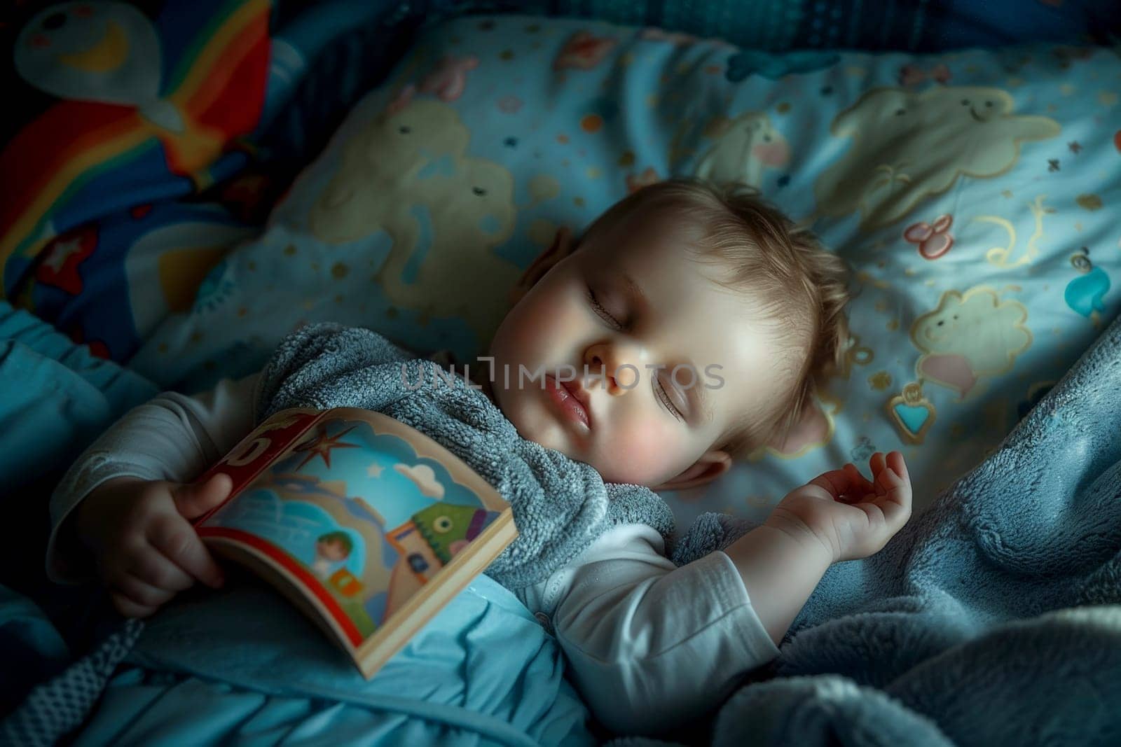Cute children baby sleep on bed with a children book . Education learning concept. AI generative.