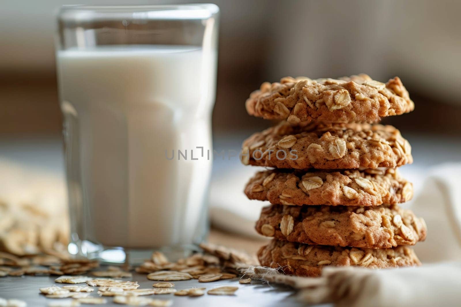 Freshly baked oatmeal cookies with a glass of milk. healthy food concepts. AI generative.