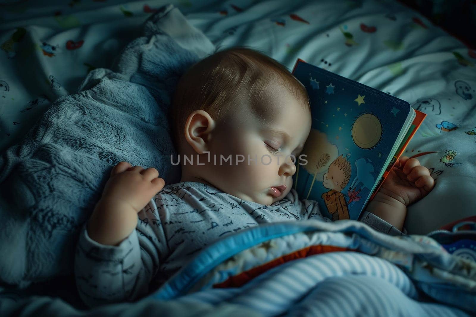 Cute children baby sleep on bed with a children book . Education learning concept. AI generative.