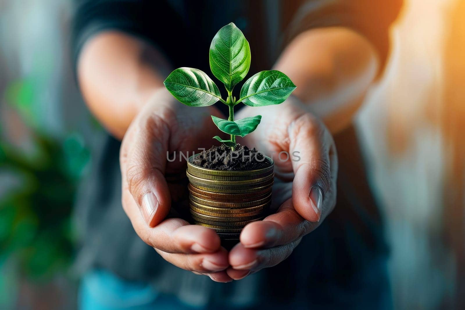 hand holding money savings filled with coins and growing plant for sustainable financial planning for retirement or eco subsidy investment for environment protection , Generative AI by matamnad