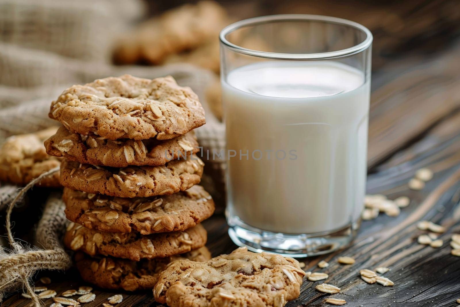 Freshly baked oatmeal cookies with a glass of milk. healthy food concepts. AI generative.