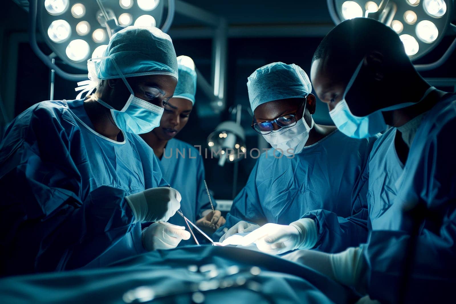 Photo of a Africa male doctor performing surgery in an operating room. Generative AI by matamnad