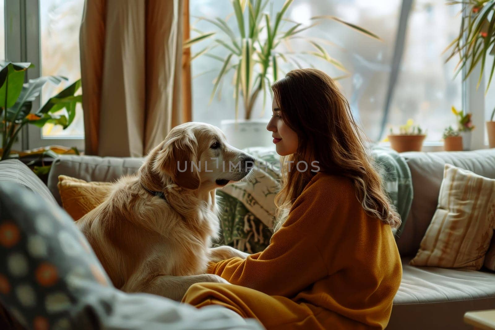 A woman talking beloved pet dog at home . best friend, friendship concept, Generative AI by matamnad