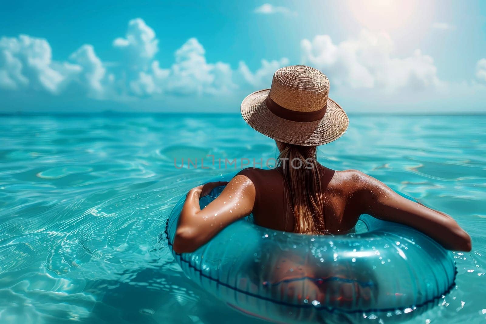 Beautiful woman floats swimming ring in the sea, summer vacation concept. generative ai.