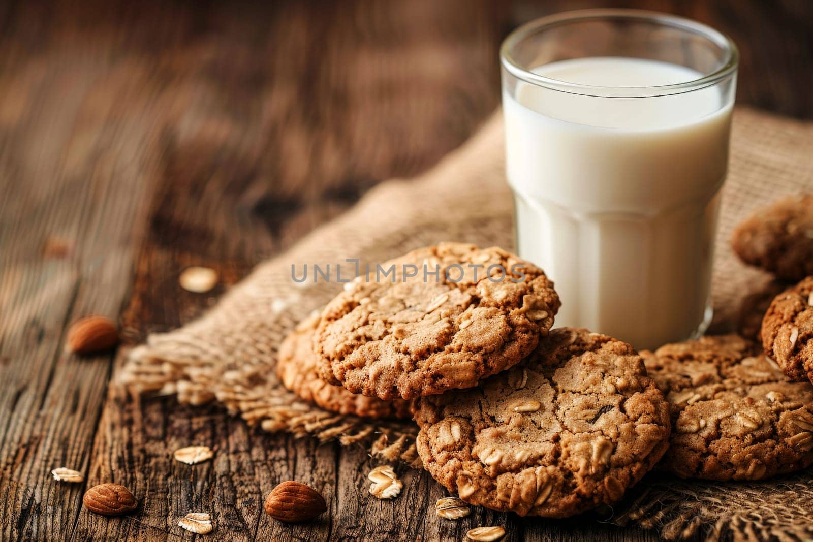 Freshly baked oatmeal cookies with a glass of milk. healthy food concepts. AI generative by matamnad